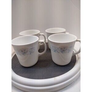 Corning Ware Blue & Tan Floral Scroll Mugs Set of 4 White Coffee Tea Cups USA